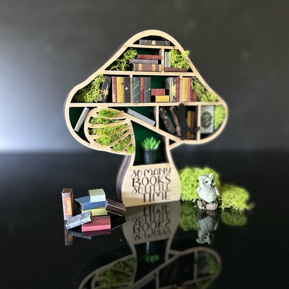 Mini Mushroom Bookshelf, 3-D Wood Mini Bookshelf, So Many Books, Book Lover Gift - Picture 4 of 5